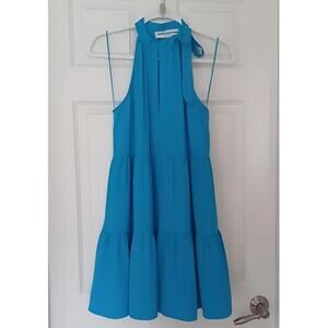 Amanda Uprichard Halter Tiered Ruffle Mini Dress Ocean Blue M EUC